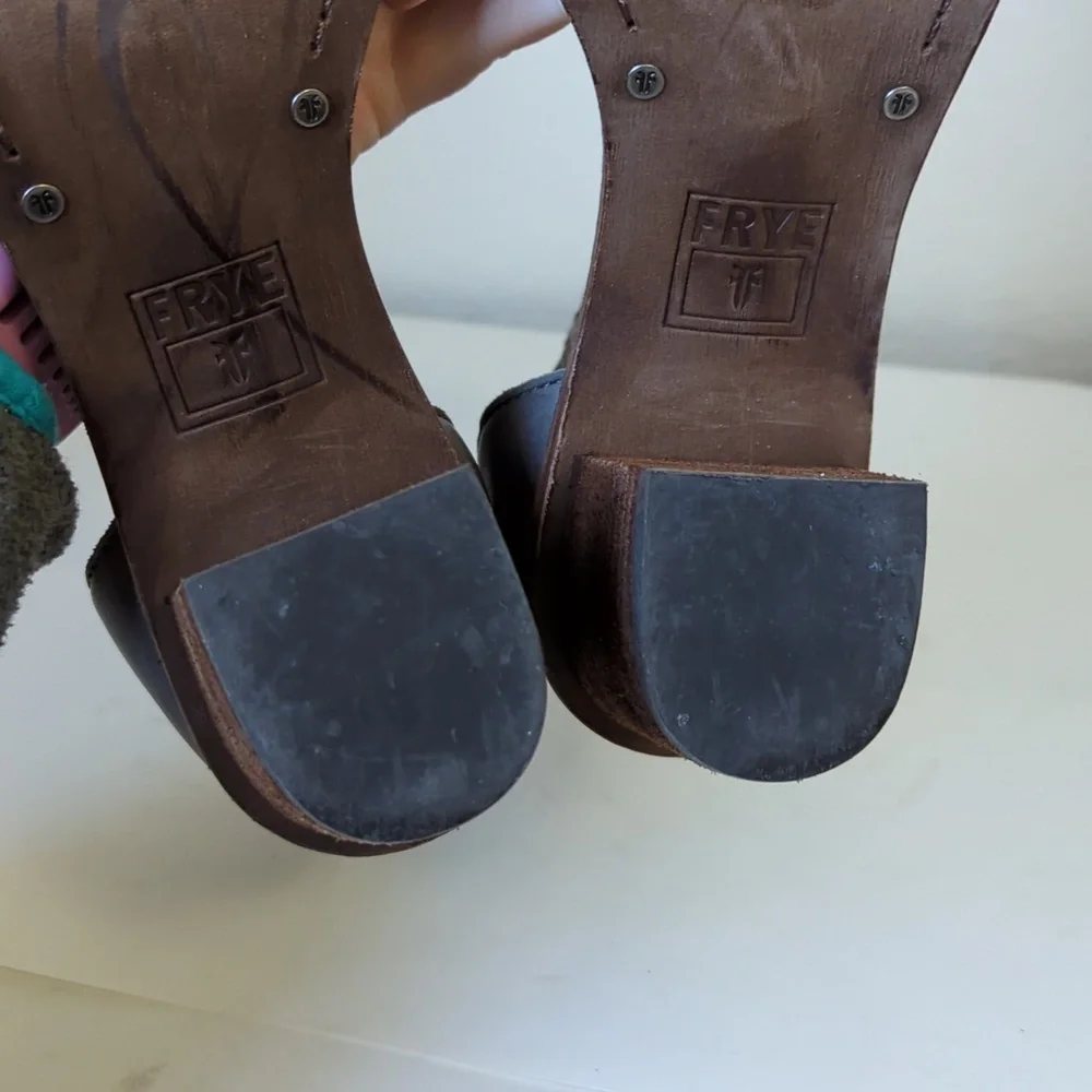 Frye Brielle Charcoal Grey Wooden Ankle Sandals - Size 8 - Picture 14 of 15